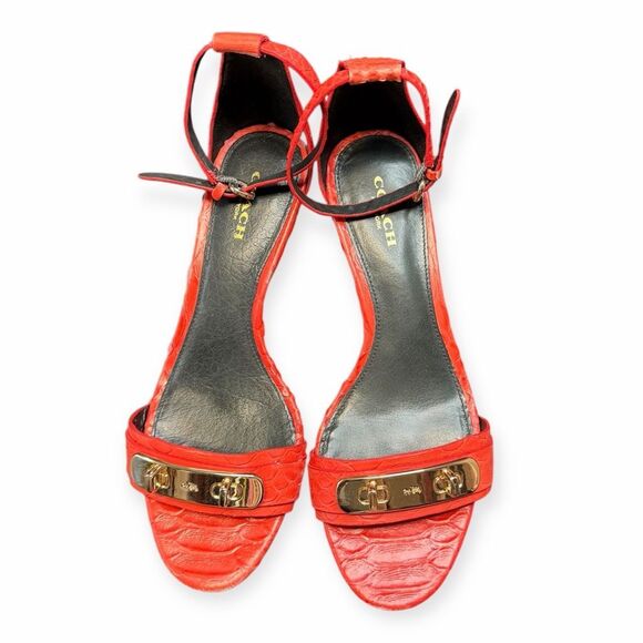 VINTAGE COACH Women’s Red Orange Embossed Leather Ankle Strap Heels Size 7 - Picture 5 of 6
